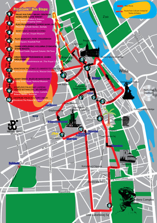 Map of Warsaw hop on hop off bus tour with City Sightseeing